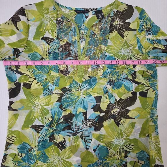 Y2K New York & Co. Womens Floral Sheer W Sequins V Neck Blouse Green Sz M - Picture 6 of 7